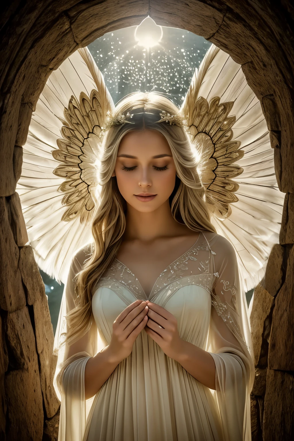 In the dreamlike realm, resembling a fairy tale, angels are peacefully slumbering, their alabaster forms wrapped in gossamer wings. Their ethereal beauty is captured in this centrally focused image, with each feather's intricacy illuminated by volumeric lighting. The halo around their heads shines brightly, casting a warm, diffused glow. The angel's heavenly countenances are full of serenity and grace, with softly closed eyes and an expression that radiates tranquility. The high-quality image, a masterpiece in its own right, was taken at golden hour, with natural light bathing the scene in a soft, golden