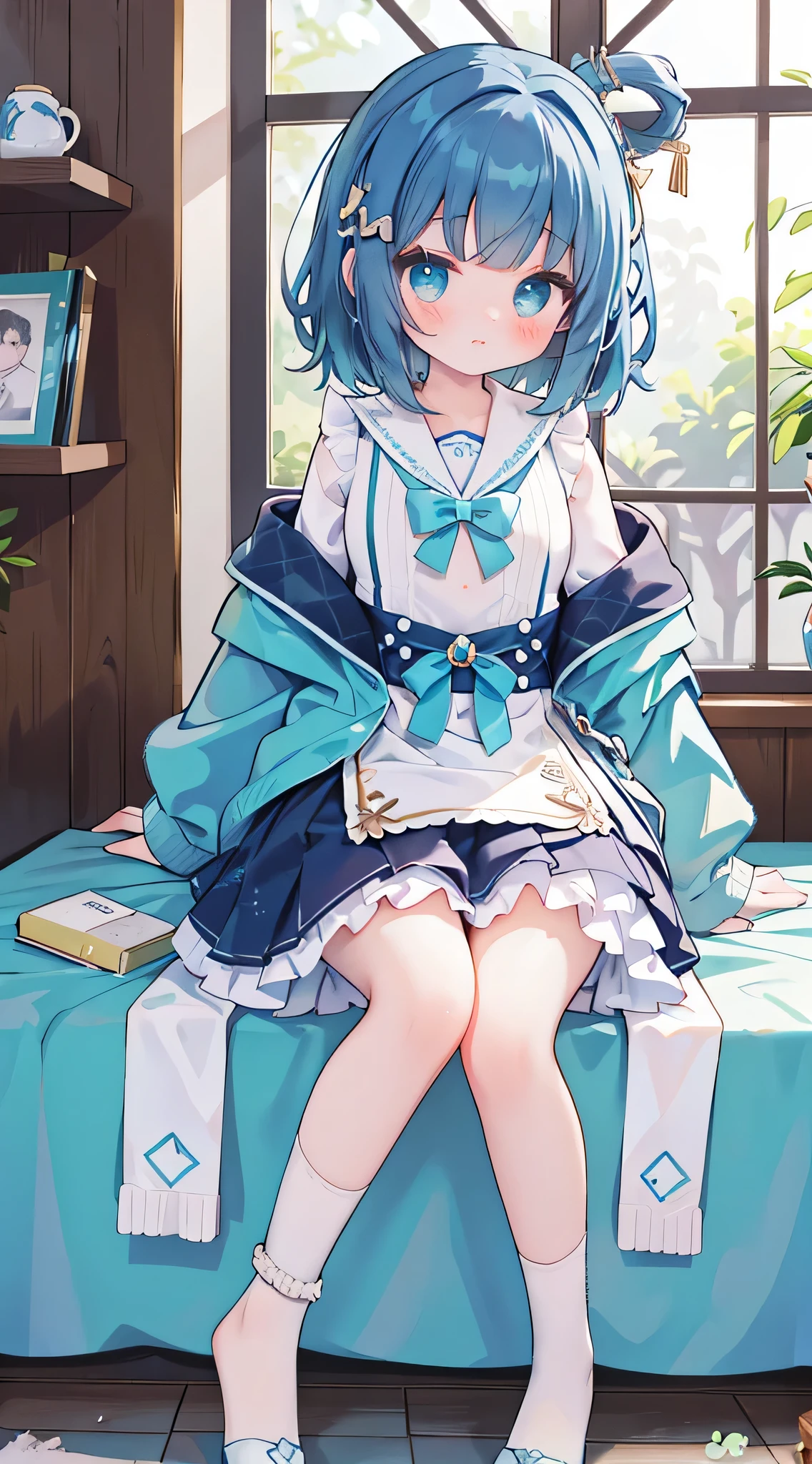 idol, yuri, bishoujo, masterpiece,best quality,official art,extremely detailed CG unity 8k wallpaper, black hair, medium hair, light blue hair, side braid, blunt bangs, snowflake hair accessories,Ice blue color,nose blush , shy, embarrassed , aqua eyes, beautiful detailed eyes, aqua eyes, Light blue shirt sweater,Super short tracksuit,nose blush , shy, embarrassed , aqua eyes, beautiful detailed eyes, aqua eyes, loose socks, white kneehighs, mary_janes, uwabaki, There is an ice blue bow on the chest,White skin,Stretch your feet in white schoolgirl princess socks toward the audience,The socks are of high quality and have high transparency,Pink jade feet,Loving eyes,Puberty,First Love,Scantily clad,Super big breasts,full-body shot,Woman in love,estrus,Seduce the audience,enchanting posture,Sexy,Looks helpless and powerless,Under somebody's thumb,surprised,Unbelievable,Resist desperately,dirty expression,patient expression,The sound of Yingdang,beautiful,Cannot pass the review