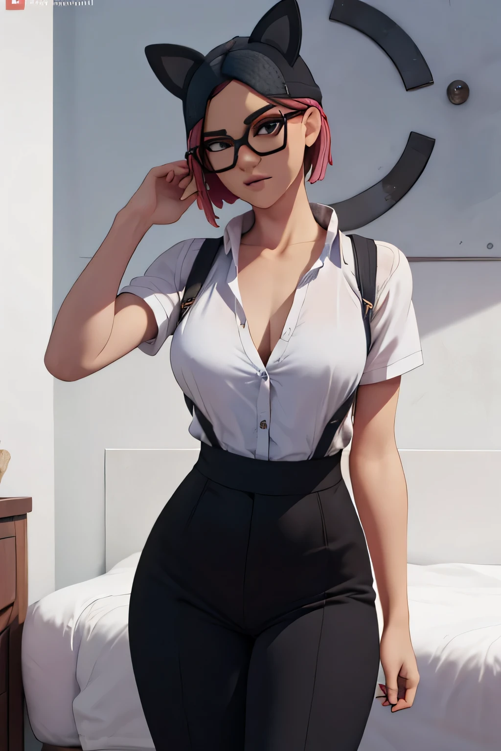 traje de lince, profesora de vestimenta, rostro detallado, gafas, camisa blanca con cuello, with dress pants, una pistola en su mano, pose de residente evil 4, mirando al espectador