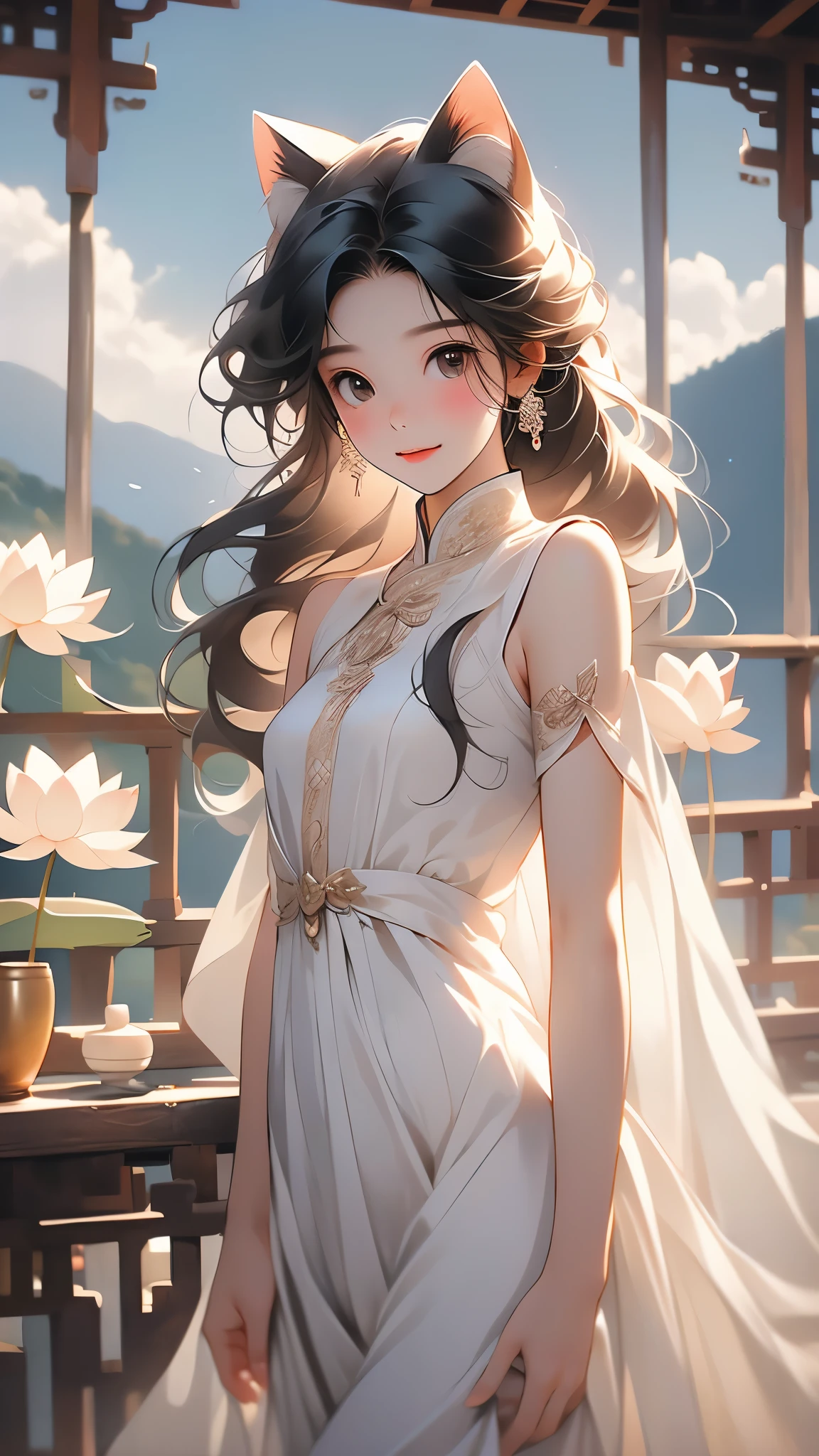 (1teenager:1.3),( 13years old:1.3),slim body,white skin,black hair,long hair,dress,white hair,cat ears,Grateful small quiet,Buddha's blessing,Sunny mountain cottage,The fresh smell of the morning,A gentle breeze blows.,Xiaojing wore a long white dress,Lotus in hand,Look up at the sky with a smile;