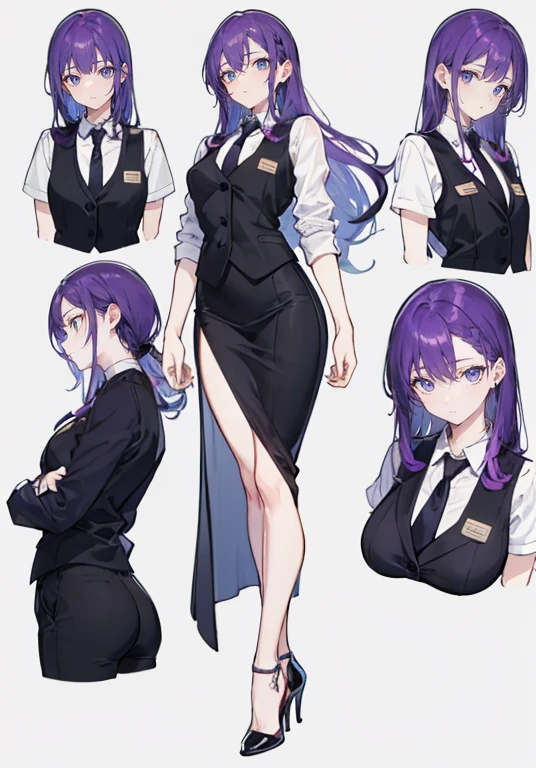 ((Perfect Face)),Purple Hair,voluminous long hair,1 female,bartender,suit,Black vest,Shirt with rolled up sleeves,tie,slit,High heels,,((Simple Background)),smile,((whole body)),((whole body)),Portraiture,virtual,upright,,Both arms are down,Standing upright with face and body facing forward,