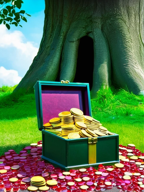 There is a big box of gold coins under a big tree.,A large box of rubies,A box of emeralds