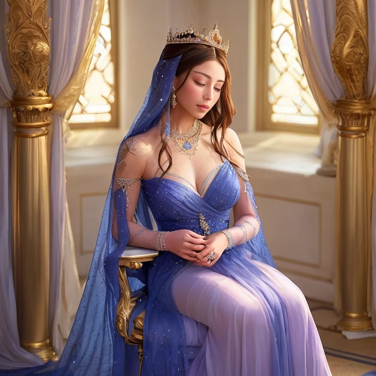 muscles accentuated by the delicate fabric. The robe's hem trails along the floor, leaving a trail of brilliance that echoes the sunrays filtering through the grand throne room. A golden coronet sits atop her head, the precious jewels glinting under the soft, warm light.
Her hands are gracefully folded in her lap, the gossamer fabric of her sleeves revealing intricate, delicate tattoos that flow from her wrists up to her shoulders. The Queen's eyes, the color of the deepest sapphires, are fixed onto the horizon, reflecting the wisdom and serenity that comes with her timeless reign. Her lips, the color of the rose pet