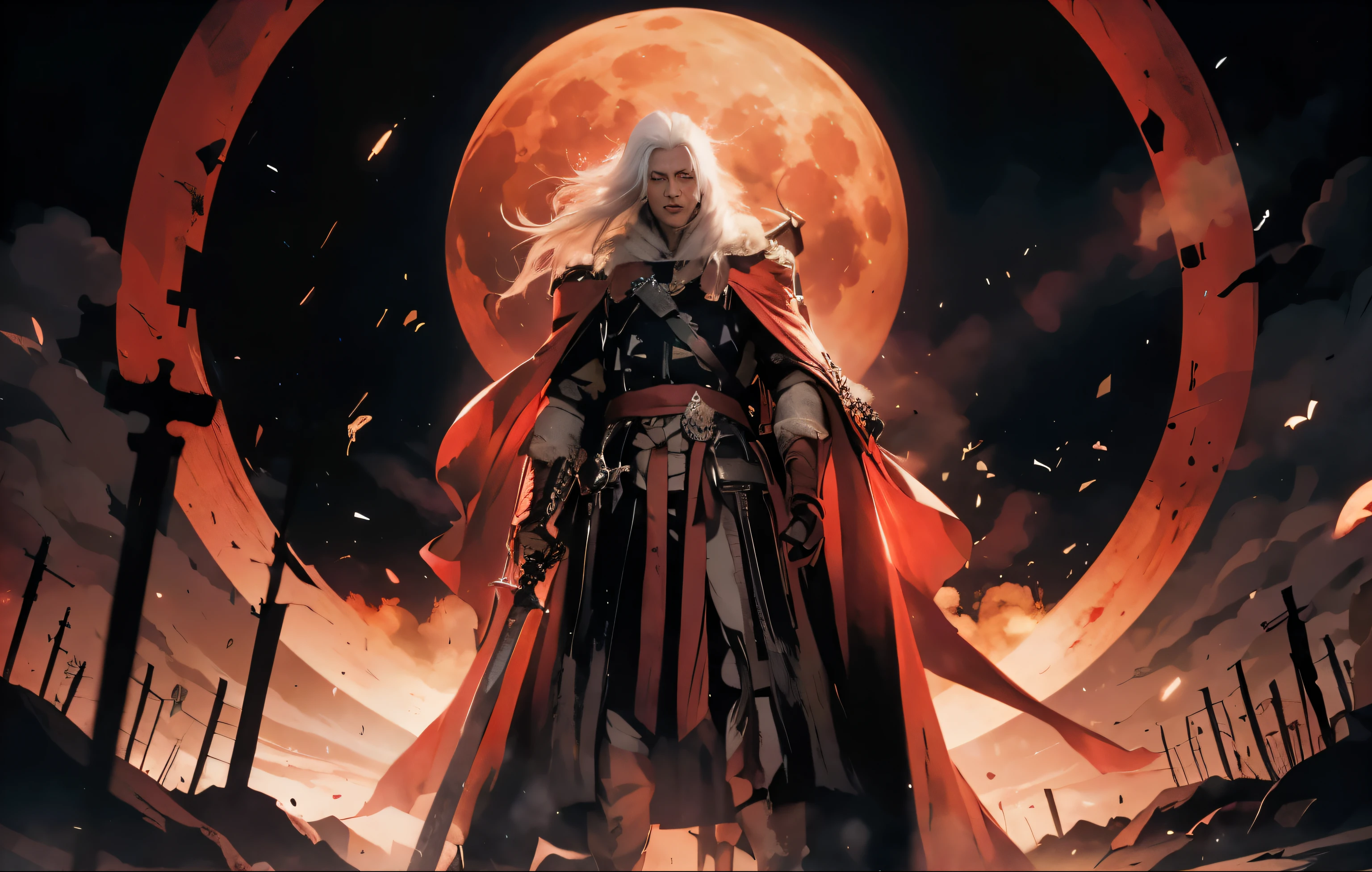 A white-haired man holding a long sword,Wearing a red cape,Standing under a blood-red moon,The blood-red ground beneath my feet,Countless weapons are stuck in the ground,There is still a raging war in the distance behind,There is a huge eye on the left side of the moon,To the right of the moon there is a monster with a huge mouth open