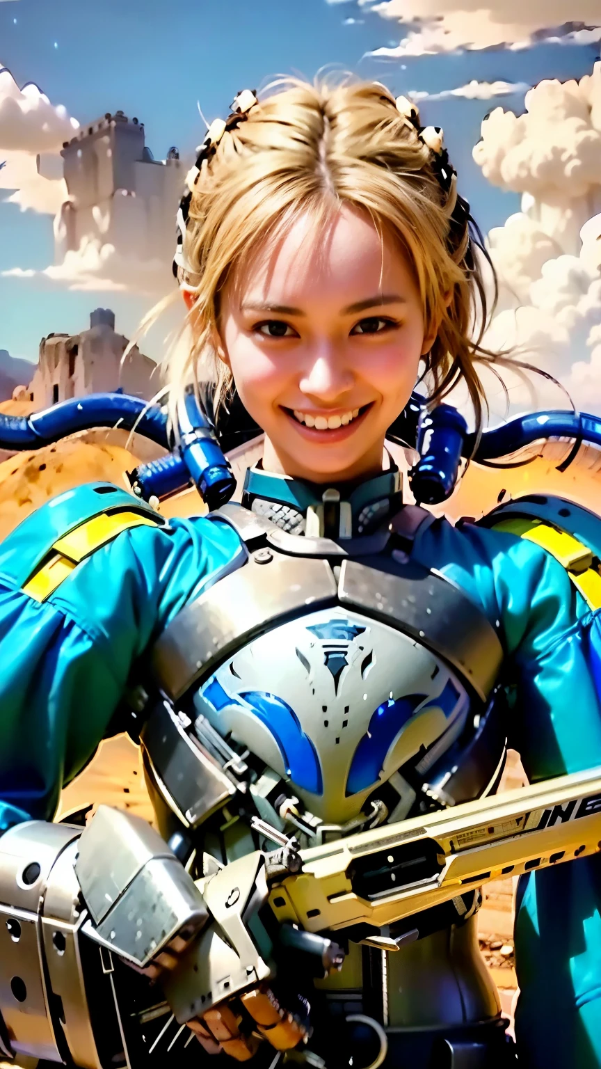 Japanese woman, heavy equipment, Mechanical backpack, very beautiful face, double teeth, fangs, reinforced exoskeleton with insect references, canine teeth, smiling face, blond hair, full body shot, photorealistic, realistic, ultra realistic, ultra detailed, ultimate intricate detail, lighting highlighting machinery, glossy, cave with a suspicious atmosphere