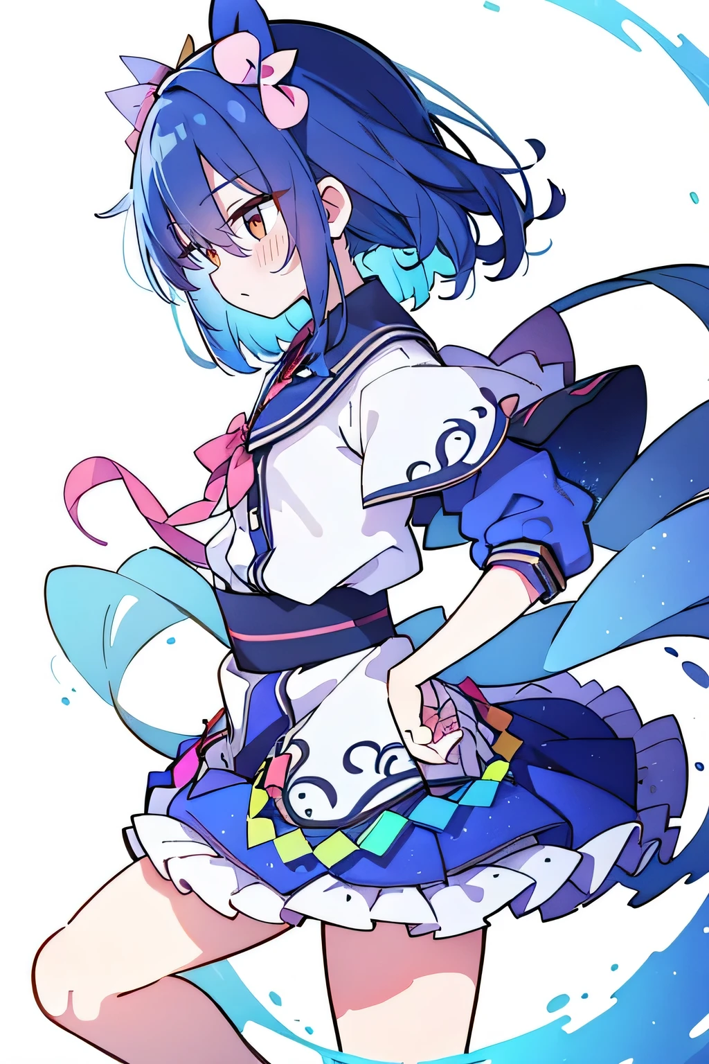 (masterpiece),best quality, expressive eyes, perfect face, 1girl,
 Put your hands on your waist,fair, Gorgeous,Japanese cartoons,girl,lola,Hina Angel, blue hair, blue haired, floating clothes,Grab your waist, Grab your waist, hands on hips , hands on hips,sit, sit on ground, Legs on the ground, flat chest,starry sky,Pink eyes,profile,