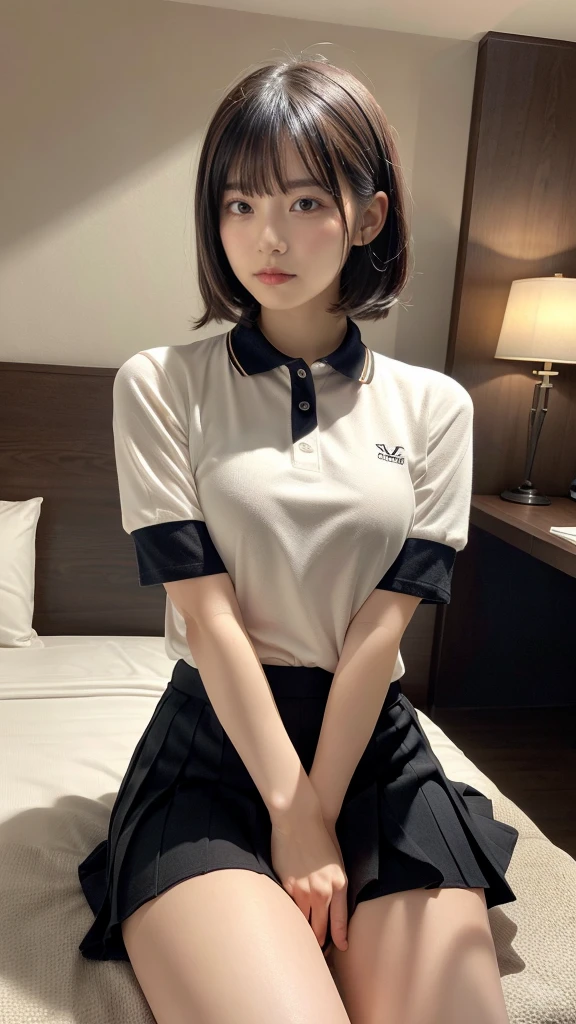 muste piece, best quality, illustration, Super detailed, fine details, High resolution, 8K,wall paper, perfect dynamic composition,(Details High quality, realistic depiction of eyes:1.3), (collared polo shirt), pleated skirt, knee high socks, short bob hair, black hair color, Big Natural Color Lip, bold sexy pose, crying a little、cold gaze, Harajuku style、20 year old girl、cute type、ta、beautiful legs, hotel room, hposing Gravure Idol, Voluptuous thighs