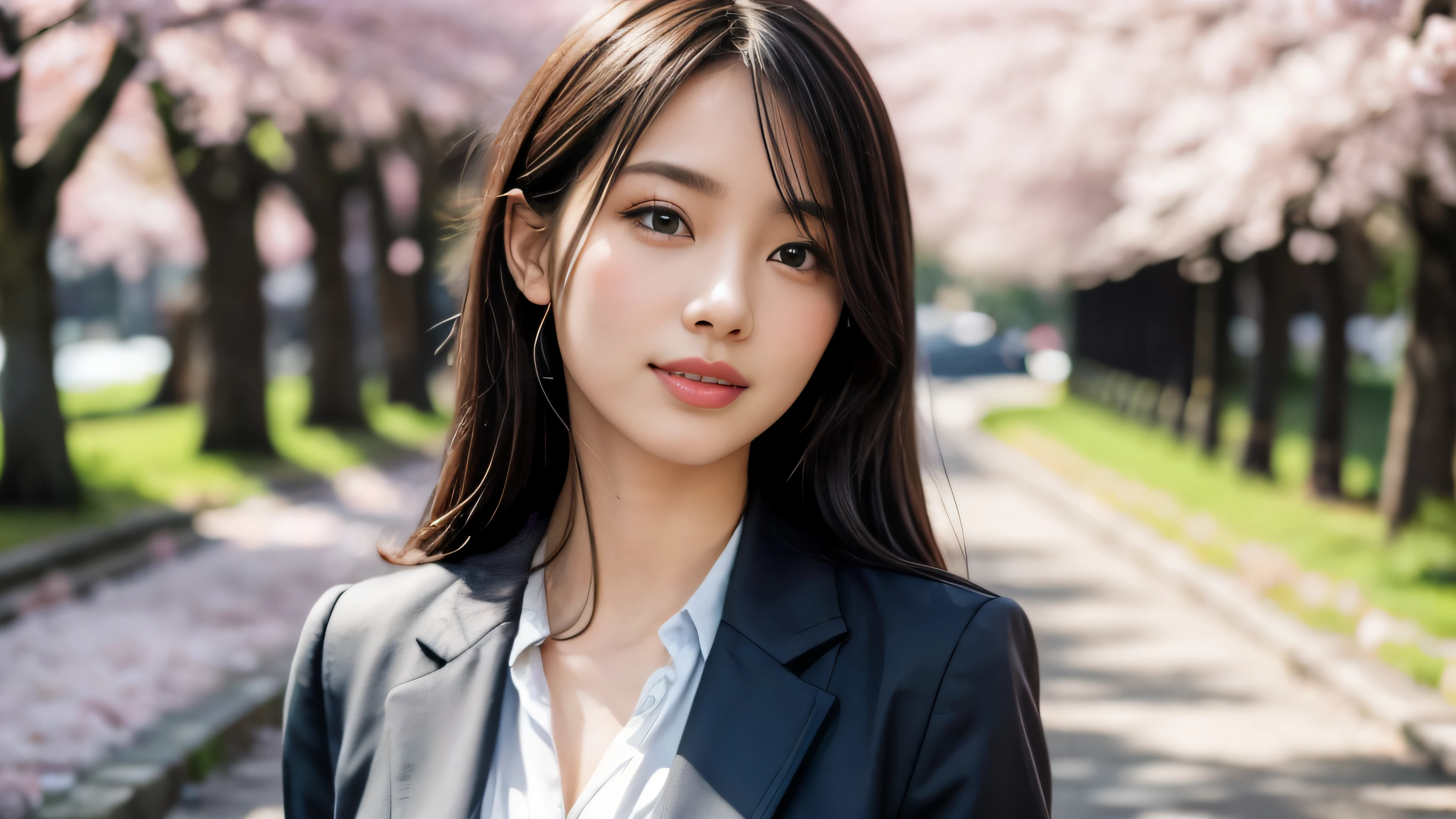 (Realistic: 1.4), (highest quality: 1.4), (Fine grain), Full body shot, ((Blur the background)), ((Looking at the sky)), ((One adult woman)), Black Hair, ((Navy blue suit)), Wide eyes, Blushed face, ((smile)), ((Cherry blossom trees)), Highly detailed face and skin texture, Healthy Skin, 8k resolution