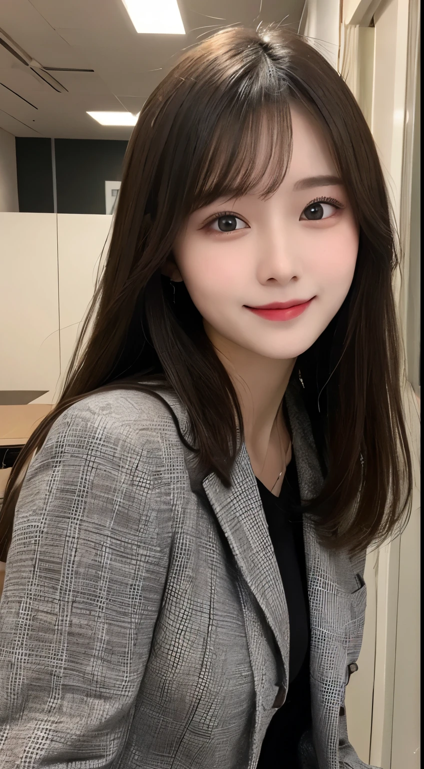 Tabletop, highest quality, shape, Very detailed, finely, High resolution, 8k wallpaper, 完璧なダイナミックな構shape, Beautiful and detailed, Nice spring clothes,Beautiful straight hair,Small breasts,Natural color lip, 20-year-old girl、cute、sexy shot looking at camera,Always blur the background,Perfect and beautiful face、Slim face and figure,Big eyes、Putting on gal makeup,Actual Photos（Best image quality）、Sexy Face、Fashion magazine model pose、A shy smile、suit、office Street