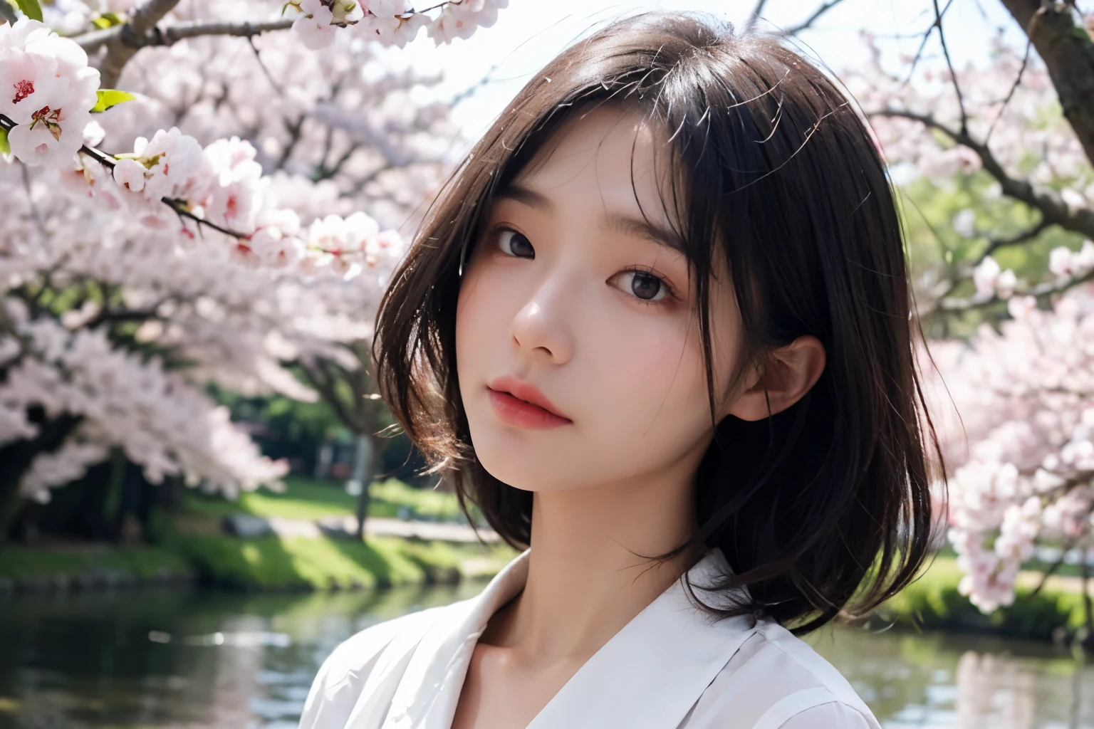 Close-up portrait, From below, Japan, smallest, Harmony, Tranquility, beautiful, spring, morning, Walk along the river while admiring the cherry blossoms in full bloom, Light rain, Diffused natural light, Girl looking up at cherry blossoms, Floating Medium Hair, Diffused, natural skin glow, bright colored blouse, jeans, masterpiece, highest quality, RAW Photos, sigma 50mm f1.4, Candid,