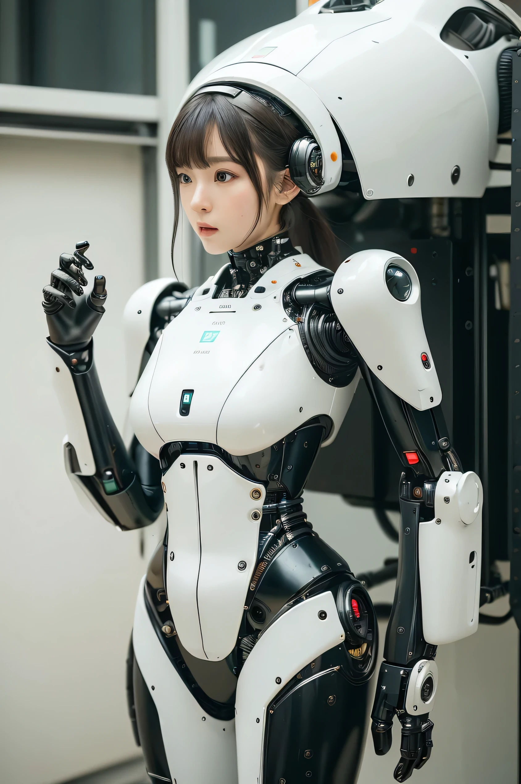 masterpiece, best quality, extremely detailed, portrait,Japaese android girl,Plump,a bit chubby,control panels,android,Droid,Mechanical Hand, ,Robot arms and legs, Black hair,Mechanical body,Blunt bangs,White Robotics Parts,perfect robot woman,Charging spot,Long Tube,A thick cable was connected to her neck,perfect mechanical body,white robotics body,future assembly plant,white body,She has repaired,black sponge joints,android assembly plant,android,laboratory,perfect machine body,white robot body,blue eyes
