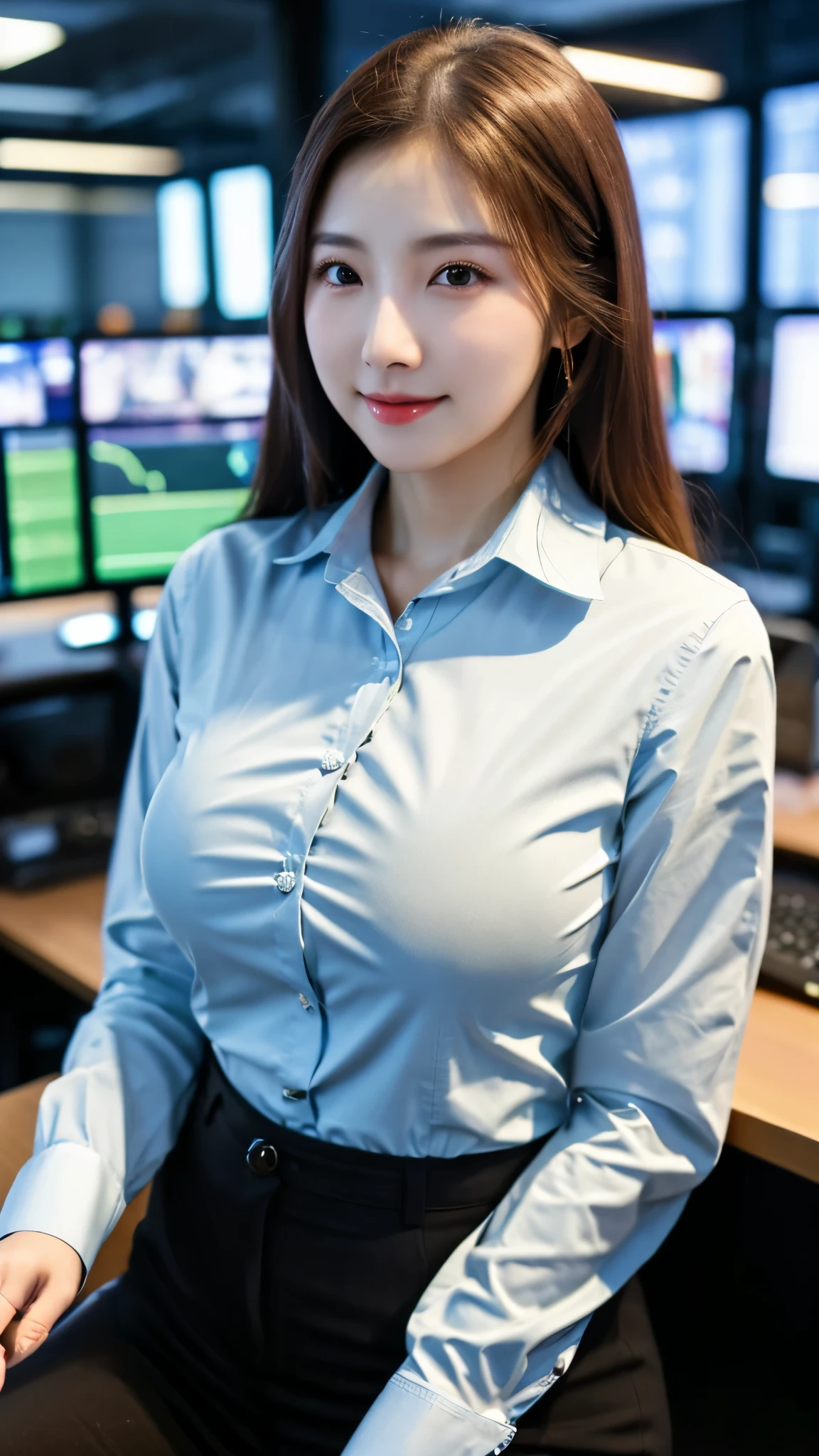 close-up of beautiful korean female, 34 inch breasts size, wearing long sleeve shirt, playing computer, in the office, bokeh background, UHD