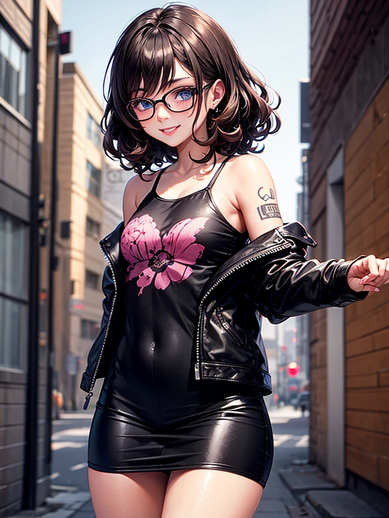 A girl with long blonde hair, blue eyes, and a bright smile.A girl with messy short hair, oversized glasses, and a vintage floral dress.A girl with dark brown hair in a high ponytail, wearing an all-black dress with pink accents.A girl with curly auburn hair, small tattoos on her arms, and casual attire with a leather jacket.A girl with straight black hair, a nose piercing, and punk rock attire with leather pants and a band t-shirt.