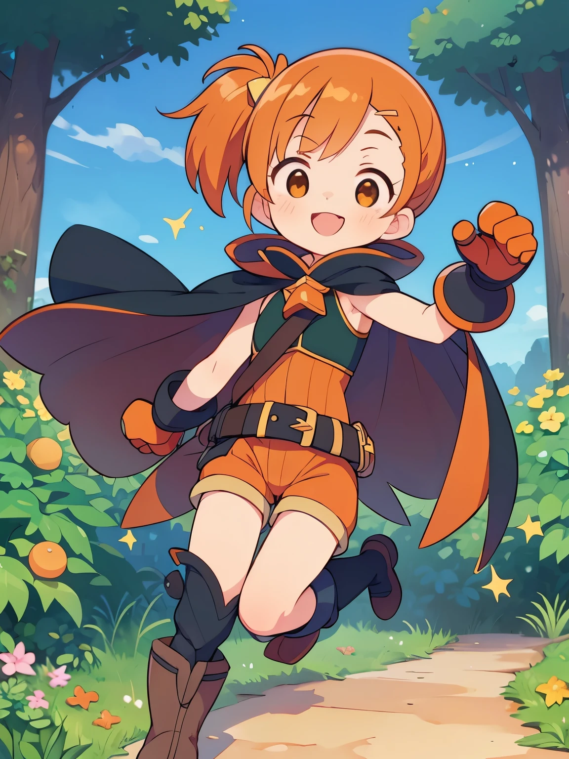 Shorts, Thin body, Orange Hair, short hair, Side Ponytail, Big droopy eyes, Bright orange eyes, {Orange leotard}, Black breastplate, Black Cape, Brown boots, Orange gloves, Tea belt, cute, high quality,Outdoor,Green Hill,smile,Open your mouth