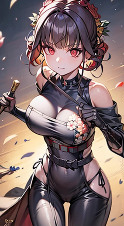 yor briar, anime style beutiful woman, 1girl, happy, smile, with sparkling eyes and a contagious smile:1.1),looking at viewer,red face, closed mouth, beautiful detailed eyes, super detailed skin, backlighting, bare shoulders, black background, black dress, black gloves, black hair, breasts, dress, earrings, fingerless gloves, floating hair, floral print, flower, gloves, gold earrings, gold hairband, hair flower, hair ornament, hairband, holding, holding weapon, jewelry, large breasts, long hair, looking at viewer, off-shoulder dress, off shoulder,red eyes, short hair with long locks, sidelocks, solo, spikes, thighs, two-sided dress, two-sided fabric, weapon, fighting stance , face, close up, from above, highest quality, high resolution.