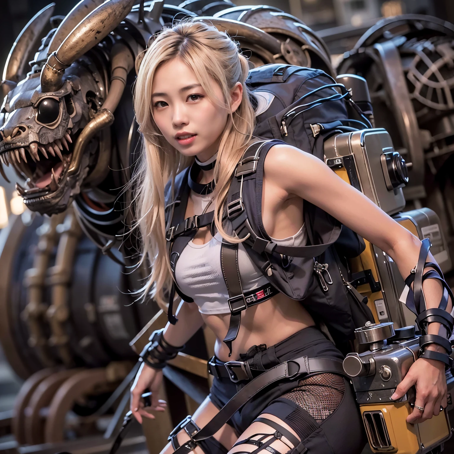 Japanese woman, heavy equipment, Mechanical backpack, very beautiful face, double teeth, fangs, reinforced exoskeleton with insect references, canine teeth, smiling face, blond hair, full body shot, photorealistic, realistic, ultra realistic, ultra detailed, ultimate intricate detail, lighting highlighting machinery, glossy, cave with a suspicious atmosphere