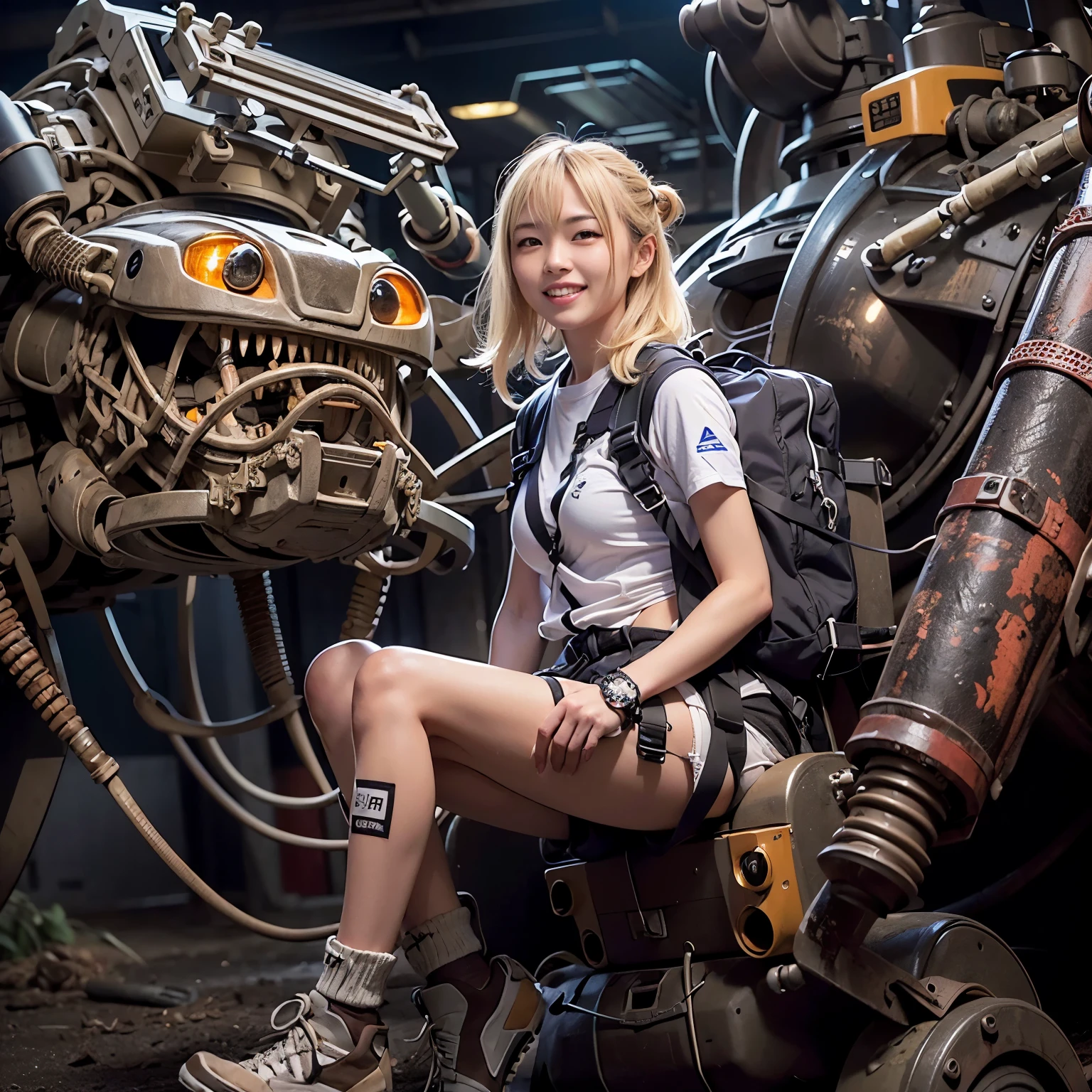 Japanese woman, heavy equipment, Mechanical backpack, very beautiful face, double teeth, fangs, reinforced exoskeleton with insect references, canine teeth, smiling face, blond hair, full body shot, photorealistic, realistic, ultra realistic, ultra detailed, ultimate intricate detail, lighting highlighting machinery, glossy, cave with a suspicious atmosphere