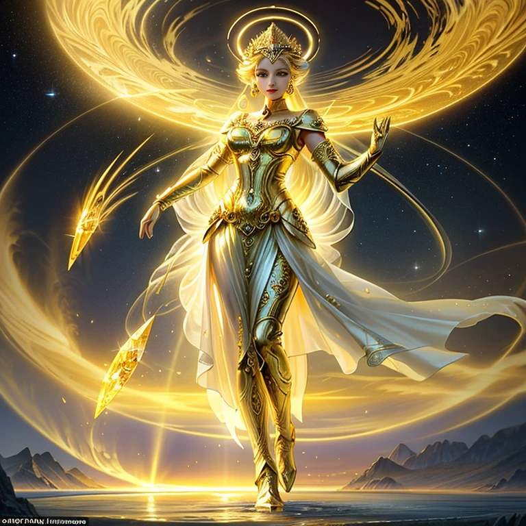 sets behind the Goddess of Light, casting a warm, golden glow over her ethereal form. Her radiant halo expands, forming a luminous aura around her feet, as if trying to keep her anchored to the earthly realm. Her crystalline skin glistens with each ray of sunlight, revealing a network of intricate, delicate lines that add to her ageless beauty.
The Queen's eyes are like pools of liquid gold, reflecting the sun's last light. They hold the secrets of the universe, radiating an intensity that speaks of ancient wisdom and the deep connection she shares with the cosmos. Her fingers, long and graceful, are adorned with