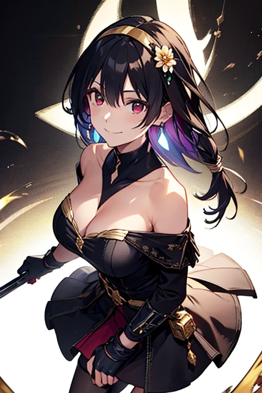 yor briar, anime style beutiful woman, 1girl, happy, smile, with sparkling eyes and a contagious smile:1.1),looking at viewer,red face, closed mouth, beautiful detailed eyes, super detailed skin, backlighting, bare shoulders, black background, black dress, black gloves, black hair, breasts, dress, earrings, fingerless gloves, floating hair, floral print, flower, gloves, gold earrings, gold hairband, hair flower, hair ornament, hairband, holding, holding weapon, jewelry, large breasts, long hair, looking at viewer, off-shoulder dress, off shoulder,red eyes, short hair with long locks, sidelocks, solo, spikes, thighs, two-sided dress, two-sided fabric, weapon, fighting stance , face, close up, from above, highest quality, high resolution.