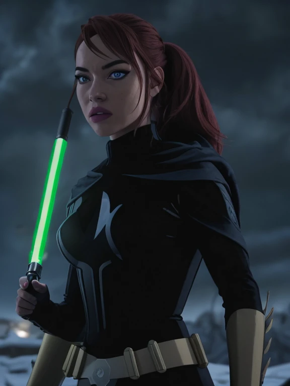 Full body, detailed skin, ponytail, streaked red hair, red streaks, skin pores, focus on crystalblue eyes, detailed eyes, 1girl, photorealistic, 8k, uhd, best quality, raw image, masterpiece, depth of field, vibrant colors, epic fantasy,  storm _trooper_armor, hyper realistic, cinematic lighting,  action pose, star wars,, cinematic lighting, (starwars stoormtroper armor), rising a yellow lightsaber ) 4k 