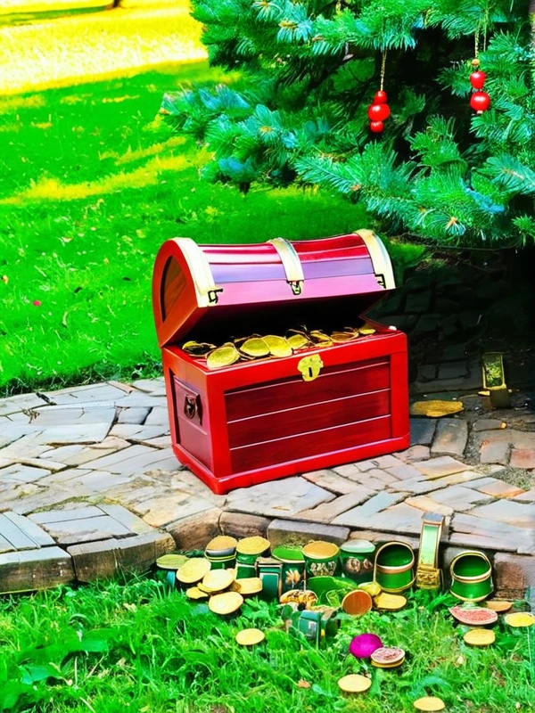 There is a big treasure chest under the tree,Gold coins can be found in the treasure chest,Gold Cup,Gold Jewelry,ruby necklace,Jade jade bracelet,The sun shines on the gemstones