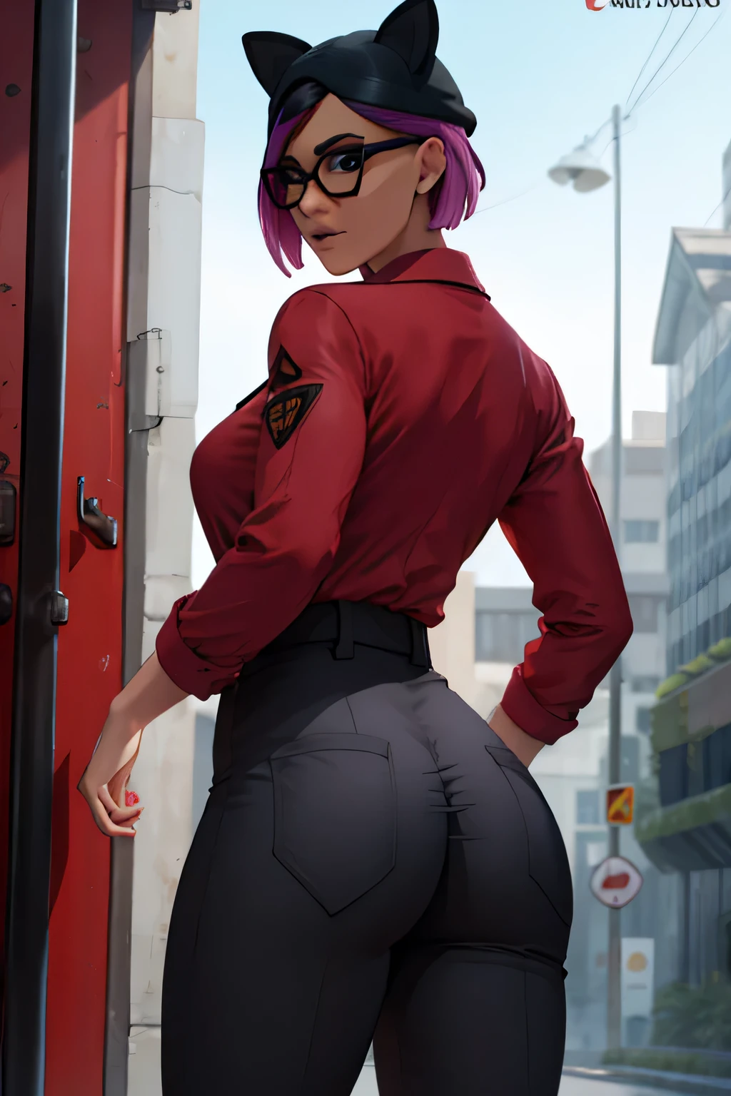 traje de lince, apocalipsis zombie , rostro detallado, gafas, camisa blanca con cuello, with dress pants, una pistola en su mano, pose heroico, apocalipsis Zombie. , looking back at the viewer