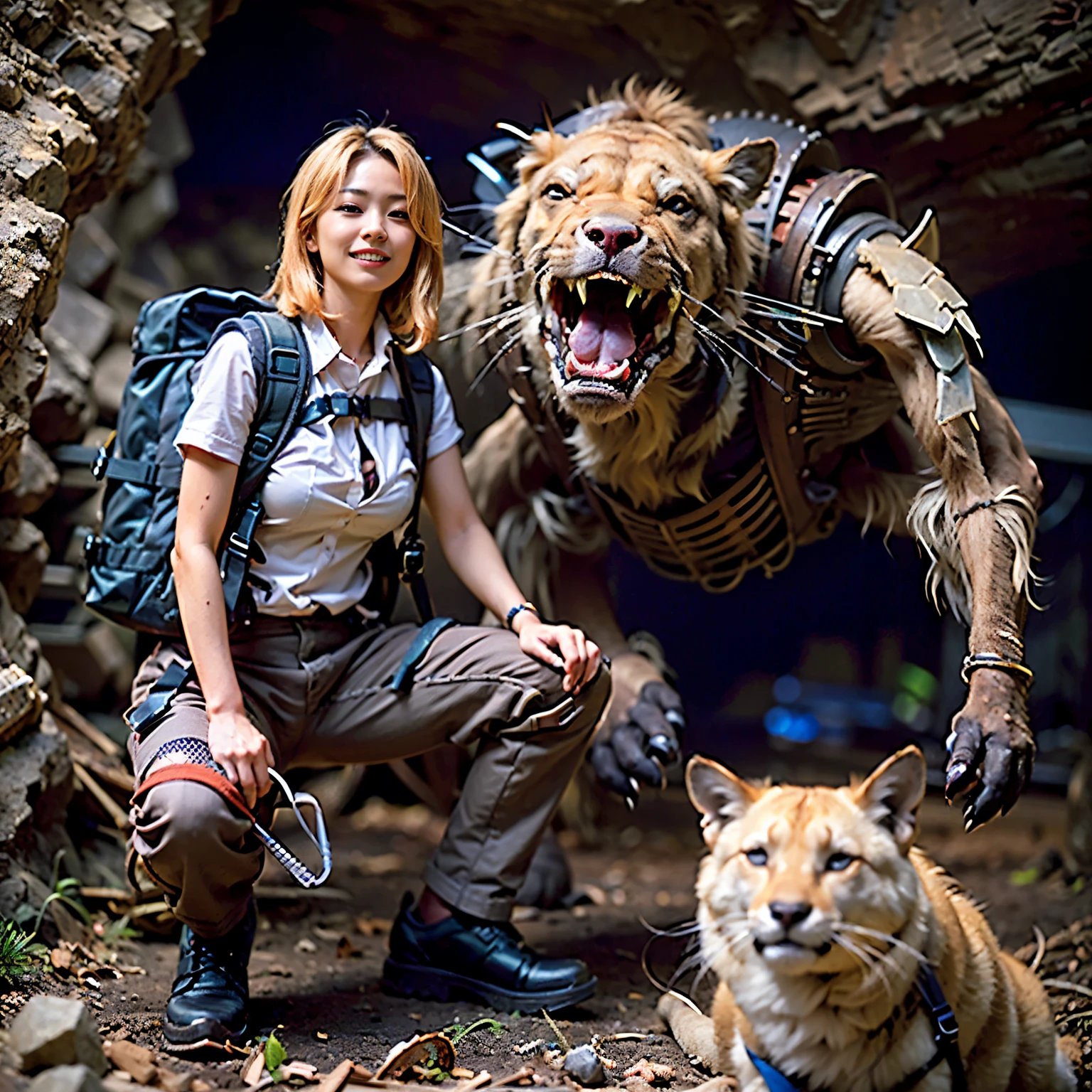 there are two people standing next to a statue of a bear, tardigrade statue in the forest, tyler edlin and natasha tan, ruan jia and brom, with magical creatures, in front of a forest background, with a giant robot owl, in front of an amazing forest, inspired by Maurice Sendak, ruan jia and arthur rackham, with ivy