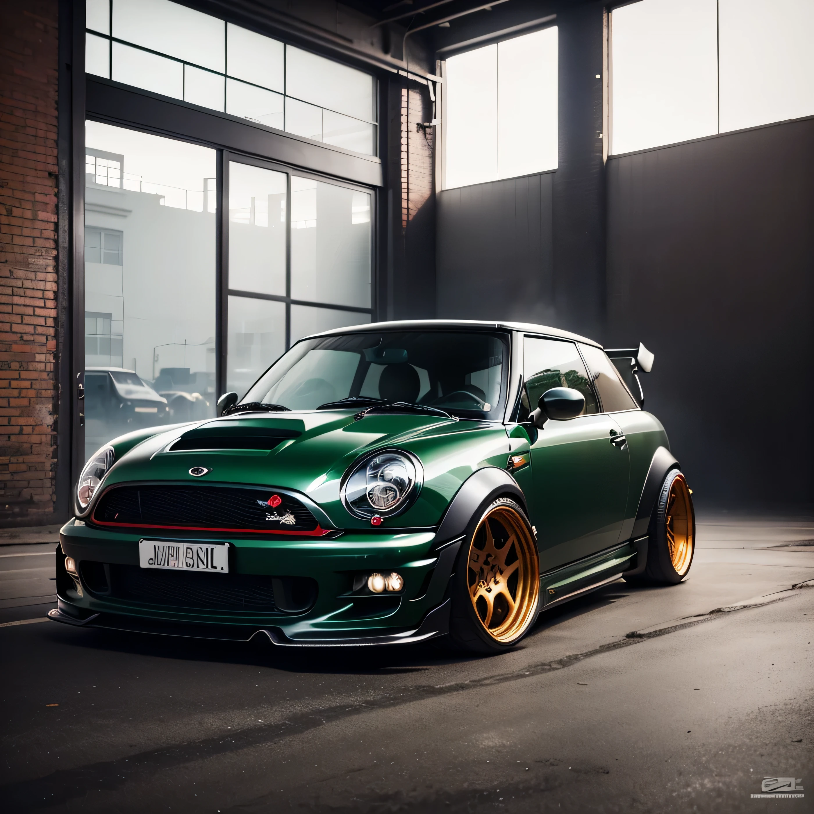 green Classic Mini Cooper S JCW, ((carbon fibre, Liberty walk ultra wide body kit)), aggressive stance ((background: inside old industrial style building, large windows in background, overcast sky, heavy industrial look, cobble stone street)), 8K quality, realistic, realism, sharp, detailed, ultrawide, black and carbon fibre and deep candy apple red scheme, front profile, epic stance, epic ultra wide body kit, super low stance, aggressive looks