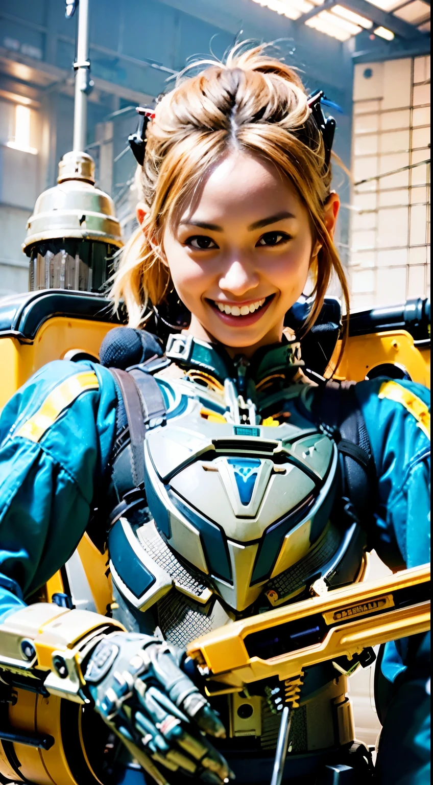 Japanese woman, heavy equipment, Mechanical backpack, very beautiful face, double teeth, fangs, reinforced exoskeleton with insect references, canine teeth, smiling face, blond hair, full body shot, photorealistic, realistic, ultra realistic, ultra detailed, ultimate intricate detail, lighting highlighting machinery, glossy, cave with a suspicious atmosphere