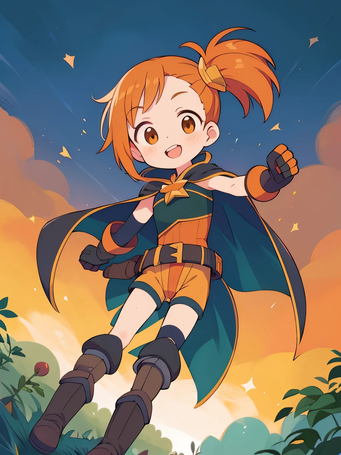 Shorts, Thin body, Orange Hair, short hair, Side Ponytail, Big droopy eyes, Bright orange eyes, {Orange leotard}, Black breastplate, Black Cape, Brown boots, Orange gloves, Tea belt, cute, high quality,Outdoor,Green Hill,smile,Open your mouth