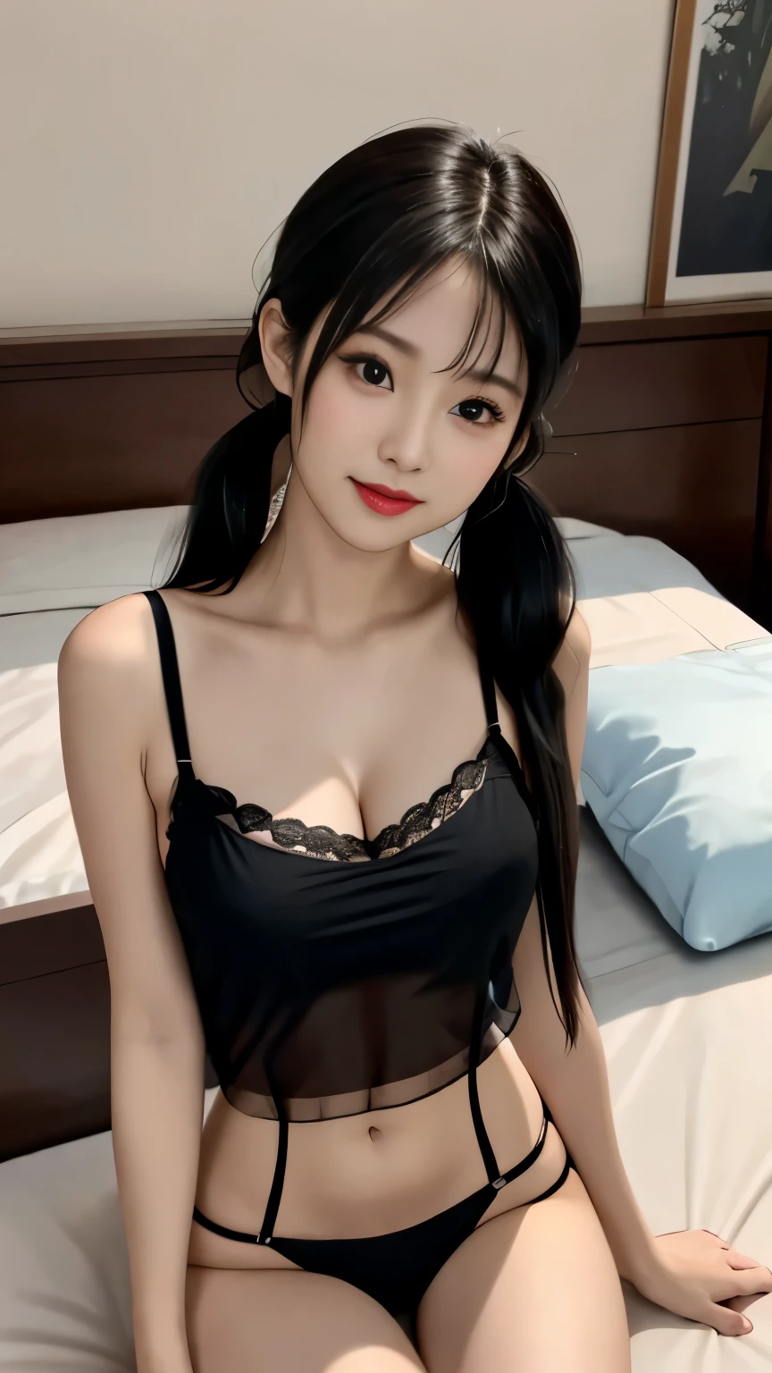 The real picture、masterpiece、8k,Detailed Photos, (Realistic Skin)、Adult、sexy、30-year-old woman, 8th life、dark skin,1 person, highest quality, Very large breasts, 最高masterpiece, (double eyelid)、Beautiful eyes、Black Hair, Twin tails、smile, Gal,, Cute face, Cleavage, Long length、(See-through camisole)、bra、 erotic, Japanese、Raise your arms、Show your armpits、sitting on the bed、PENTAX K-3 Mark III
