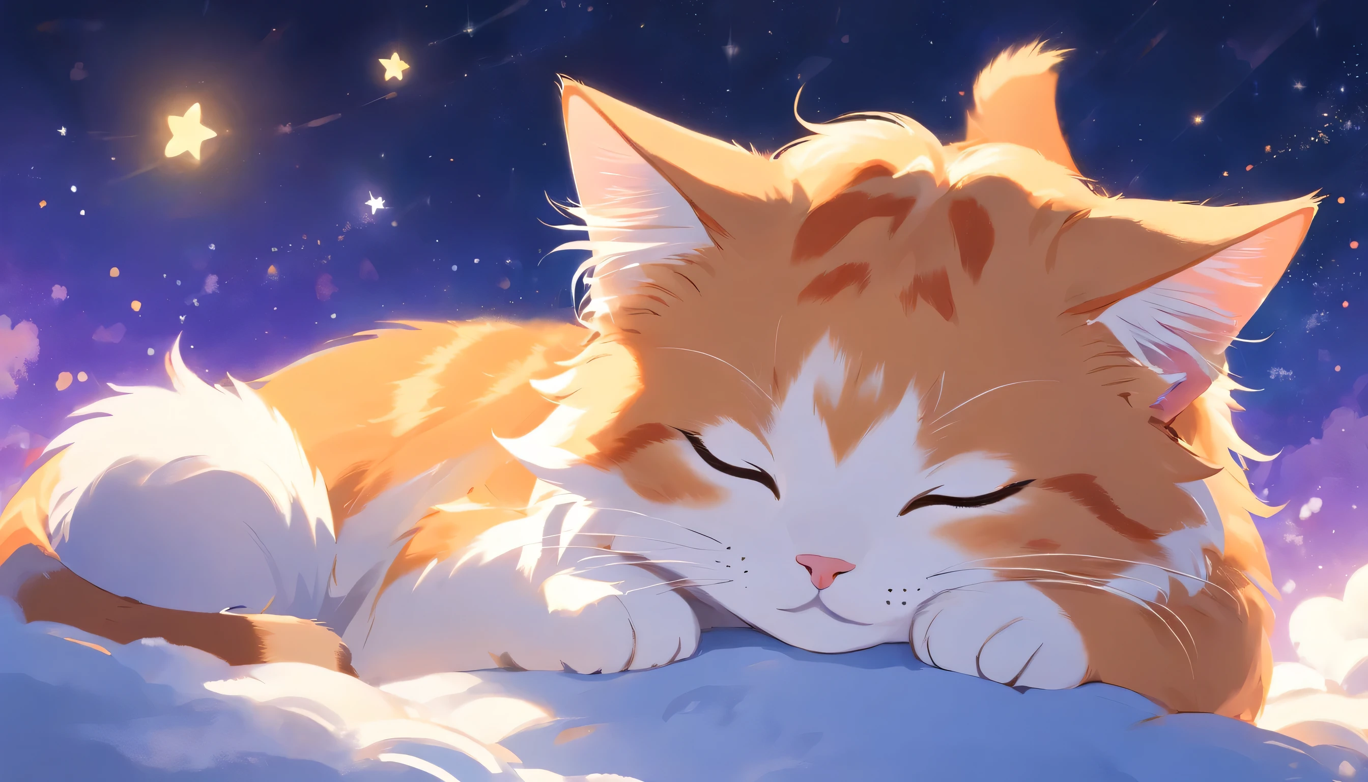 lor tone, color palette, aspect ratio 16:9This picture depicts a small orange-and-white cat lying peacefully on a cloud that looks like snow, with its eyes closed, as if enjoying a sweet dream. The cat’s expression is very calm and content, with its mouth corners slightly turned up as if it’s smiling. The background of the painting is a dreamlike starry sky, adorned with dangling stars and soft halos, some of which connect with graceful lines to create a quiet and peaceful night atmosphere.The overall style can be described as full of fantasy and fairy-tale colors. The entire image is dominated by warm and bright colors, The use of color is soft and layered; the orange and white cat contrasts sharply with the dark blue and purple background, creating a warm versus cool tone that enhances the snug feel of the picture.presenting a peaceful, warm, and pleasant feeling that makes one’s mood very relaxed and happy after looking at it. In addition, the details of the painting are exquisitely handled, such as the texture of the cat’s fur, the fluffiness of the clouds, and the twinkling starlight, all of which add to the picture’s delicacy and charm.Close ~ eyes、one cat