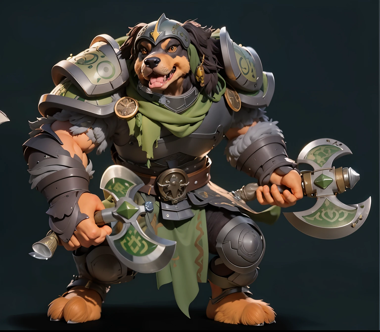 (masterpiece,Top quality,Best quality,Official Art,Beautiful and aesthetically pleasing:1.2),(8k,Best quality,masterpiece:1.2),(((Gray background,))),A warrior dog,Green scarf,armor,ax,Hair,3D Cartoon