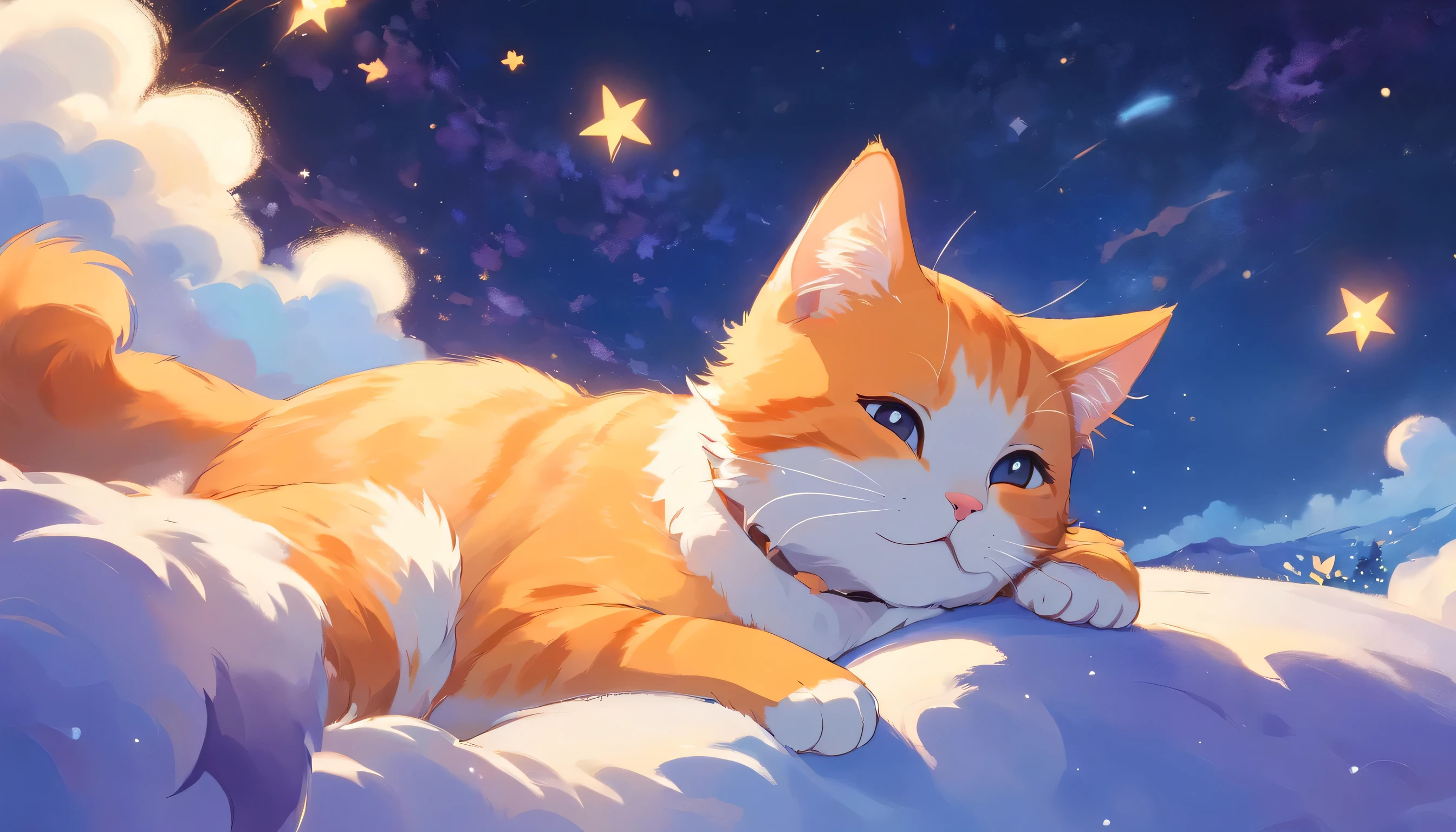 lor tone, color palette, aspect ratio 16:9This picture depicts a small orange-and-white cat lying peacefully on a cloud that looks like snow, with its eyes closed, as if enjoying a sweet dream. The cat’s expression is very calm and content, with its mouth corners slightly turned up as if it’s smiling. The background of the painting is a dreamlike starry sky, adorned with dangling stars and soft halos, some of which connect with graceful lines to create a quiet and peaceful night atmosphere.The overall style can be described as full of fantasy and fairy-tale colors. The entire image is dominated by warm and bright colors, The use of color is soft and layered; the orange and white cat contrasts sharply with the dark blue and purple background, creating a warm versus cool tone that enhances the snug feel of the picture.presenting a peaceful, warm, and pleasant feeling that makes one’s mood very relaxed and happy after looking at it. In addition, the details of the painting are exquisitely handled, such as the texture of the cat’s fur, the fluffiness of the clouds, and the twinkling starlight, all of which add to the picture’s delicacy and charm.Close ~ eyes、one cat