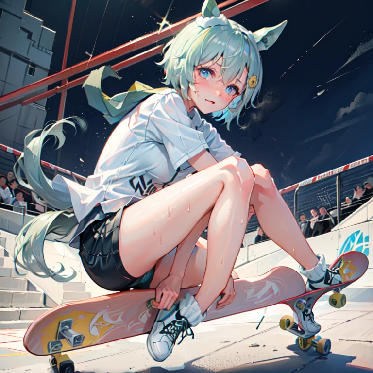 high quality,hd,16k,sharp line, Seiun Sky (umamusume),1girl,female skateboard athlete ,cute face, large breasts, nice legs,hold a skateboard, sweat,in skateboard venue,focus girl,detailed beautiful face,detailed clothes,beautiful eyes,pretty,dynamic angle