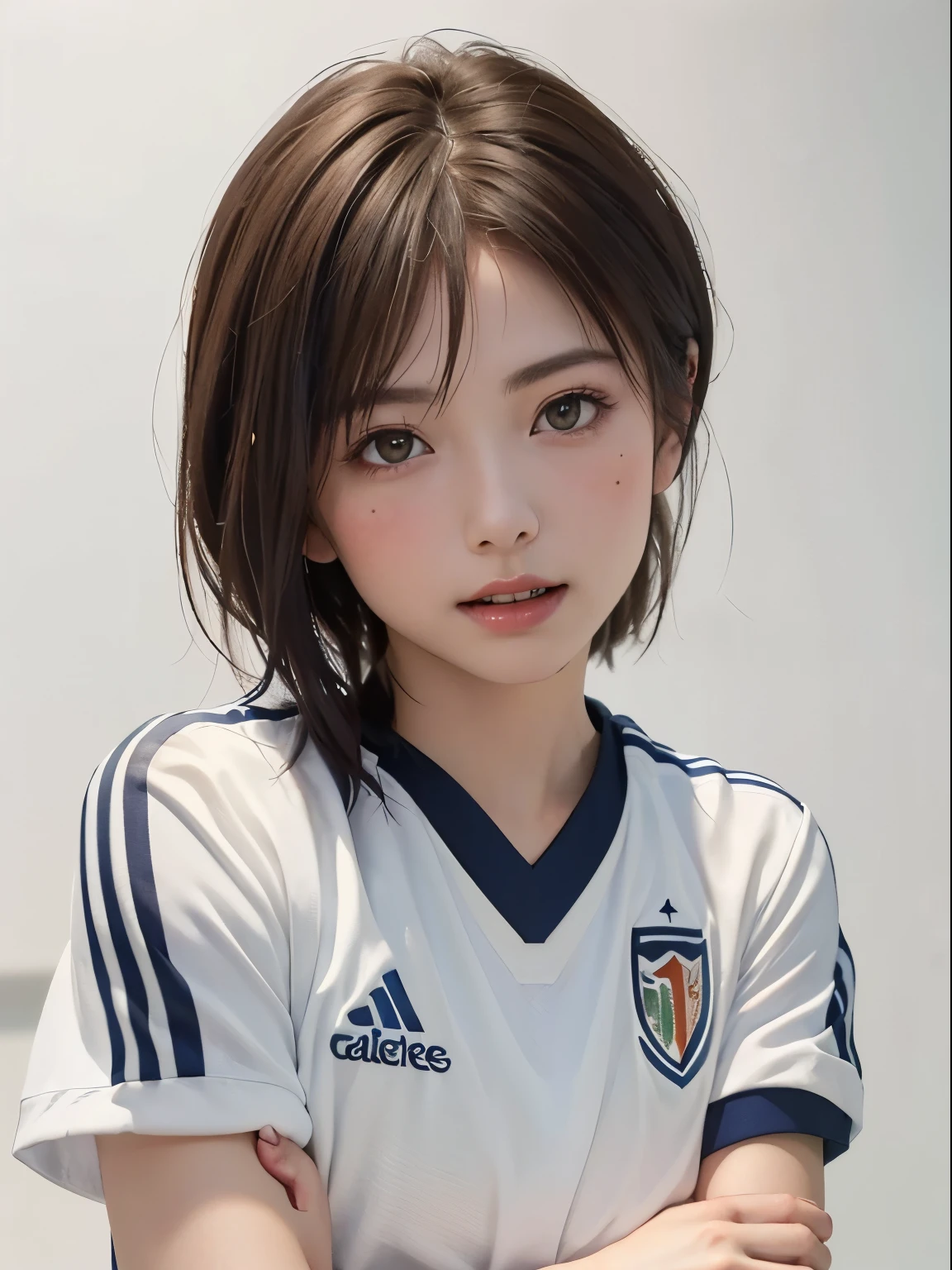 (highest quality、8k、32k、masterpiece、Hmph:1.2)、(RAW Photos)、(Realisticな)、(Realistic:1.2)、(High resolution)、Very detailedな、Very beautiful face and eyes、One Girl、Round and small face、big breasts and small waist、Delicate body、(close、highest quality、Attention to detail、Rich skin detail、)、(highest quality、8k、Oil paint:1.2)、Very detailed、(Realistic、Realistic:1.37)、Vibrant colors、(((Blushing)))、(((woman'Face)))、(((Light brown hair)))、(((lol)))、(((Teeth are visible)))、(((Bust Shot)))、(((White Background)))、((short hair))、(((Pure white wall background)))、(((Soccer uniforms、I'm wearing short sleeves)))、(((Soccer uniforms)))、(((Pure white wall background)))、(((Model pose)))、Arms crossed