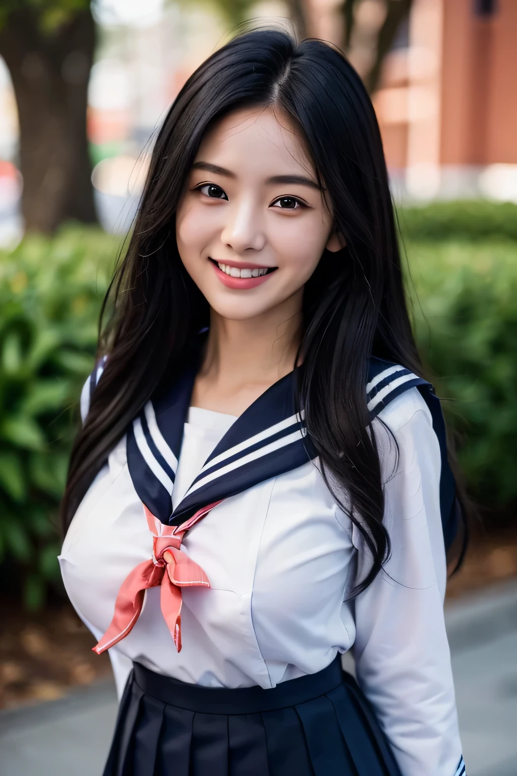 (Hyperrealism, 10, very detailed, highest quality, Very detailed, masterpiece, Ultra-realistic, High Detail, Raw photo, Realistic,）((School、spring)）,(((Sailor suit, school uniform))), (((Black pleated skirt))), (Black Stockings),(smile、smile、Composition from the front))、highest quality, (((whole body)))、(((big breasts、Ｇcup)))、Beautiful Japanese Girl,Long Hair、Black Hair、 Smiling in a sexual way, ((Accurate Clothing、Accurate human body))