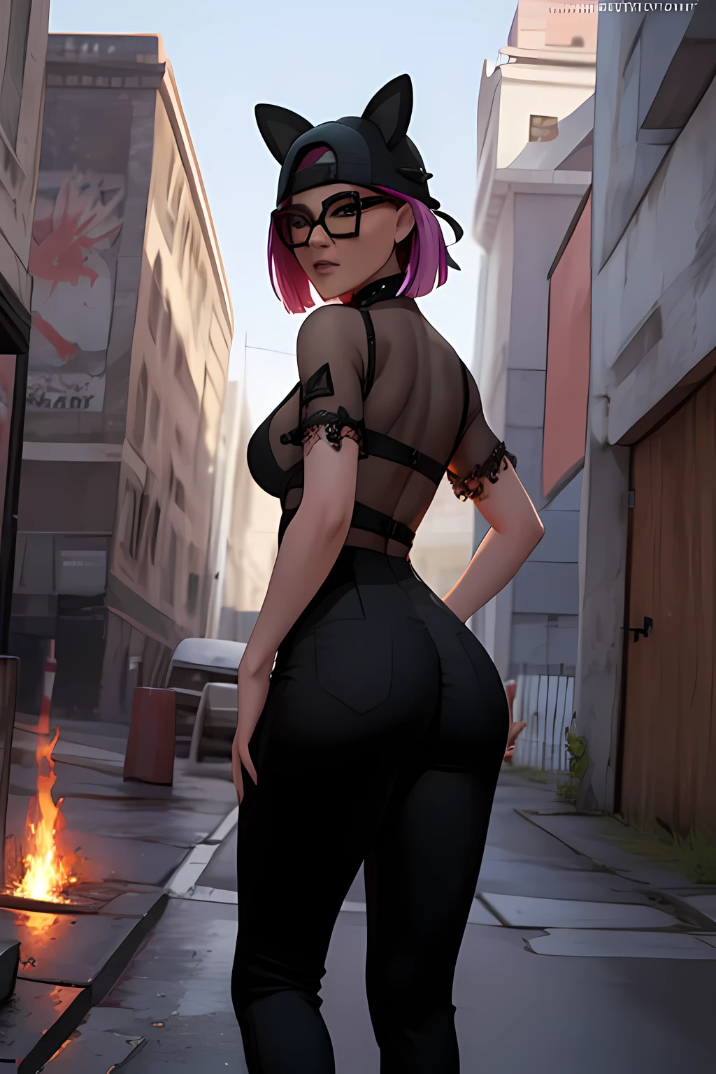 Shows from behind, third person view, [Vin] a beautiful-looking girl, in the street walking home, human, female, 25, short green hair, slim and curvaceous figure, wearing a sexy leather jacket, micro bikini and high heeled boots in a dark alley. Vin starts walking home. Catches looks after her time in the alley.