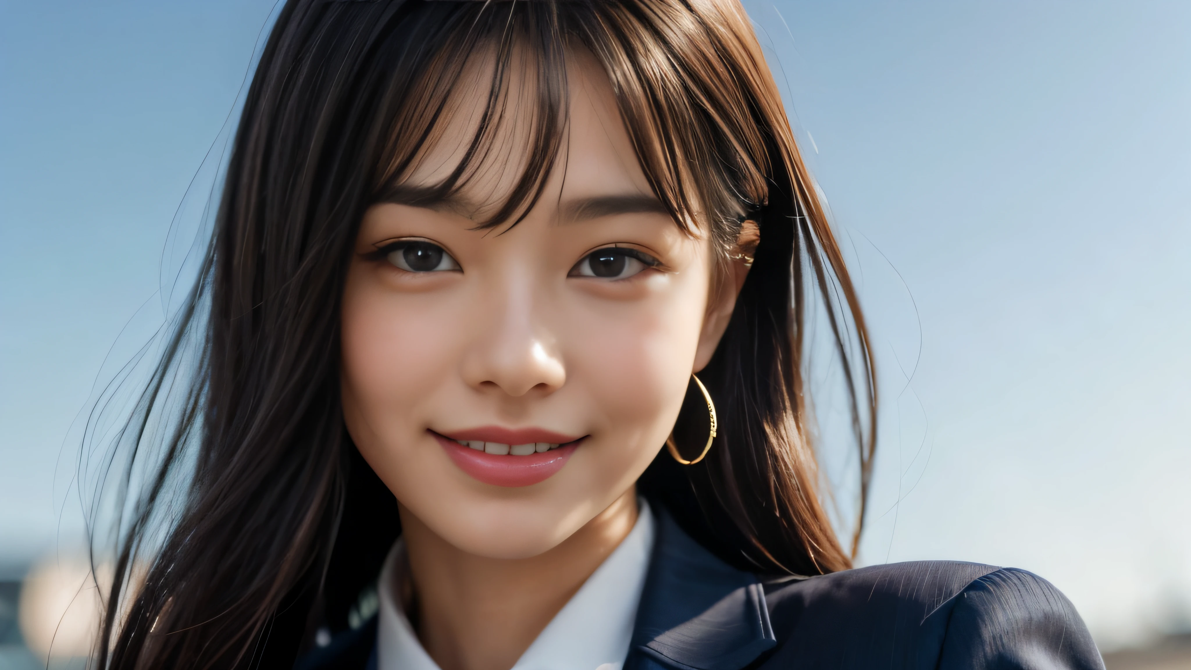 (Realistic: 1.4), (highest quality: 1.4), (Fine grain), Full body shot, ((Blur the background)), ((Looking at the sky)), ((One adult woman)), Black Hair, ((Navy blue suit)), Wide eyes, Blushed face, ((smile)), ((Shibuya)), Highly detailed face and skin texture, Healthy Skin, 8k resolution