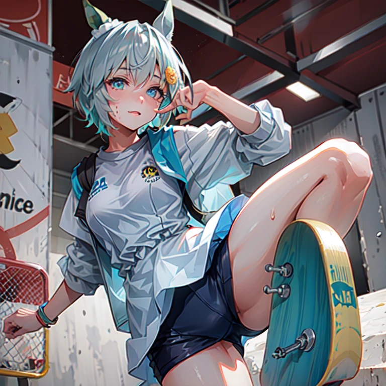 high quality,hd,16k,sharp line, Seiun Sky (umamusume),1girl,female skateboard athlete ,cute face, large breasts, nice legs,hold a skateboard, sweat,in skateboard venue,focus girl,detailed beautiful face,detailed clothes,beautiful eyes,pretty,dynamic angle