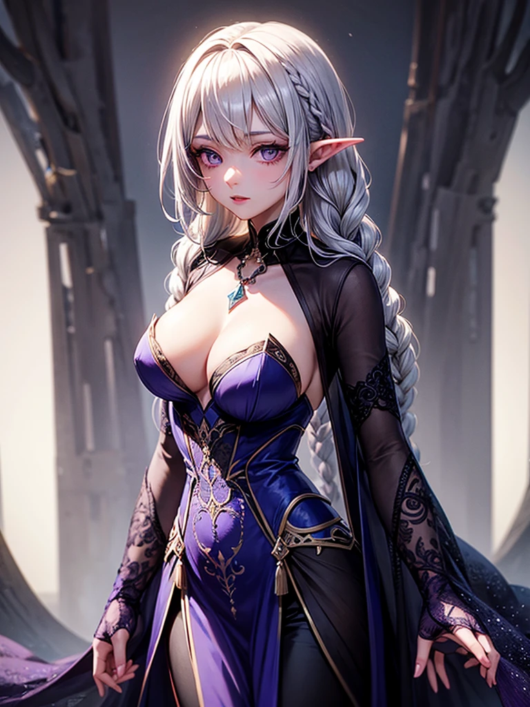 A dark elf girl with sleek silver hair cascading down her back, adorned with intricate braids and adorned with mysterious runes. Her eyes gleam with an otherworldly purple hue, hinting at her supernatural origins. Her skin is a dusky shade of purple, contrasting with the ethereal glow that surrounds her. She wears elegant yet practical attire crafted from midnight blue silk and adorned with subtle silver embroidery, blending seamlessly with the shadows of the forest.