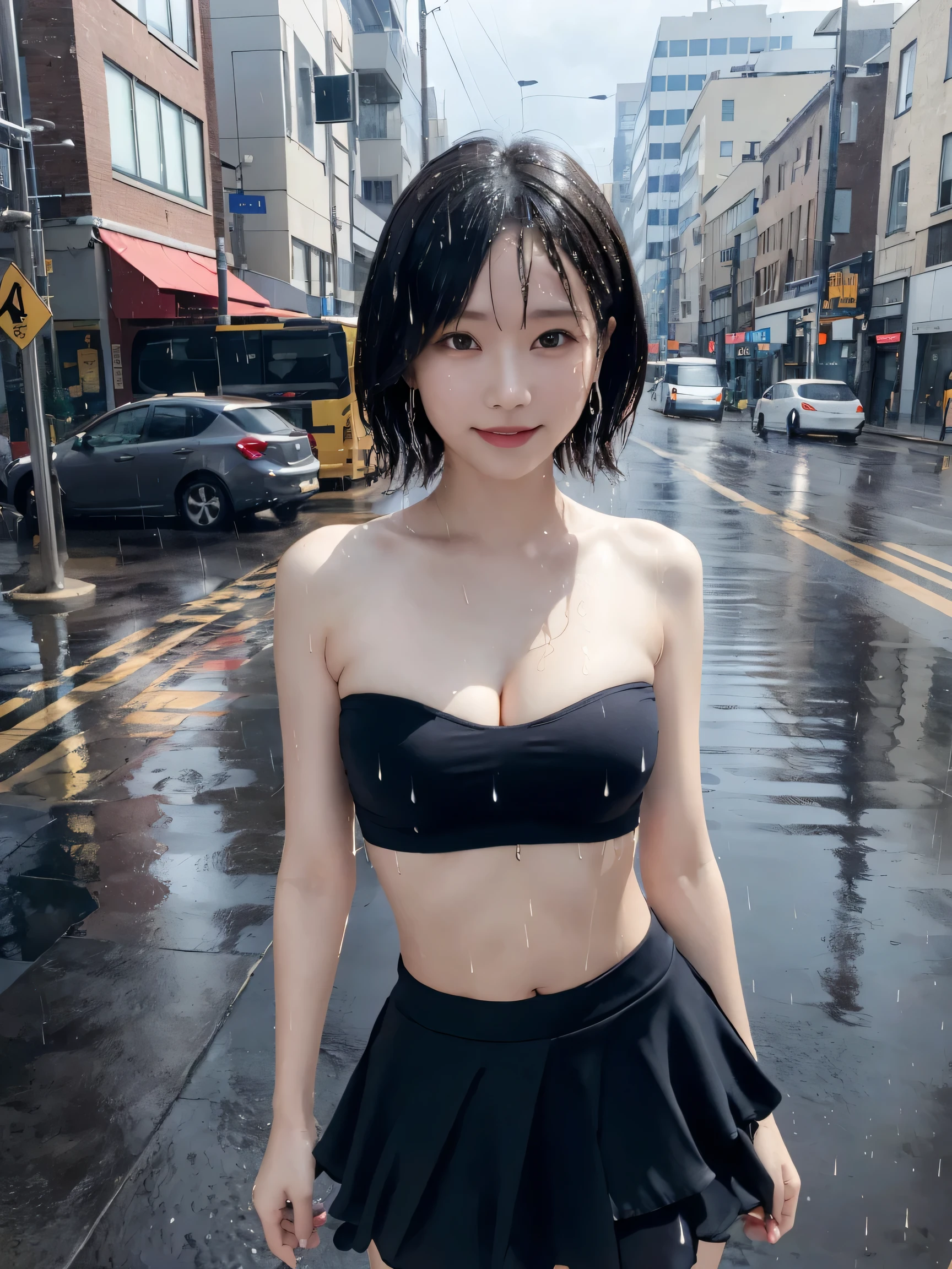 ((Best Quality, 8k, Masterpiece:1.3)), Focus:1.2, Perfect Body Beauty:1.4, Buttocks:1.2, ((Layered Haircut, Breasts:1.2)), (Wet Clothes:1.1) , (Rain, Street:1.3), Bandeau Dress: 1.1, Highly detailed face and skin texture, Fine eyes, Double eyelids, Whitening skin, Long hair, (Shut up: 1.3), Smile, Skirt, ,.