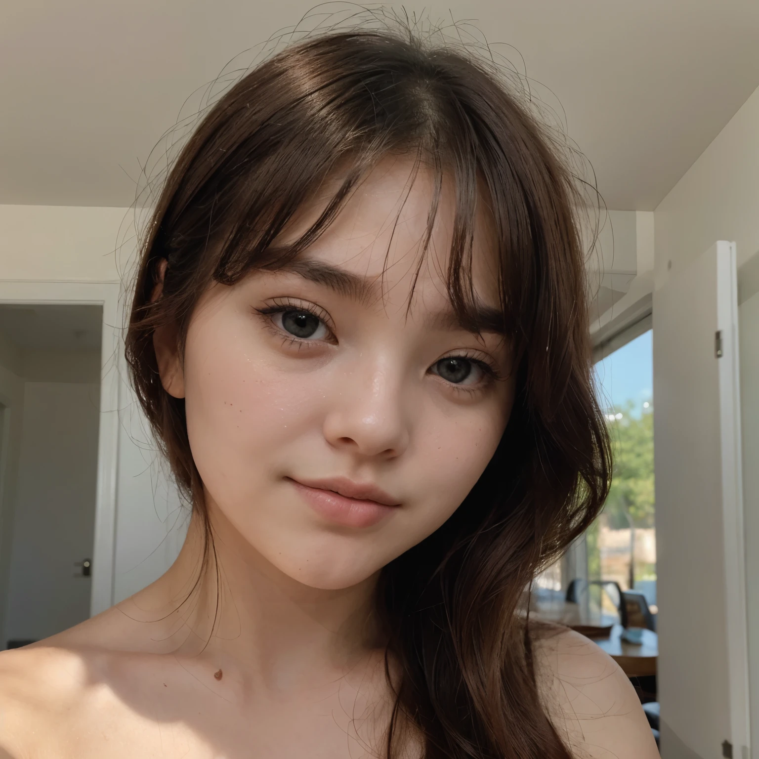 Une jeune fille d’environ 19 ans prenant un selfie en gros plan (like we only see his face and the top of his shoulders). She's Korean, an oval and pale face (mais pas trop) sans imperfections, rounded black almond-shaped eyes with pretty, well-curved eyelashes, a thin, round nose and juicy, round lips curved into a light smile. Her cheeks are slightly pink and she has curtain bangs (cheveux noirs)