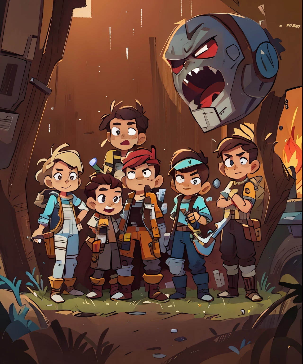 Five men stood in front of the fire with weapons in hand., Hell Tactics, Character Art Opposite, next generation, Borderlands art style, Alloy warhead concept art, 2D game fanart, Borderlands 3 style, Borderlands Style, The style of the pinnacle legend, full character concept art, team fortress style, game asset of fighters, Character ink art, Several character designs