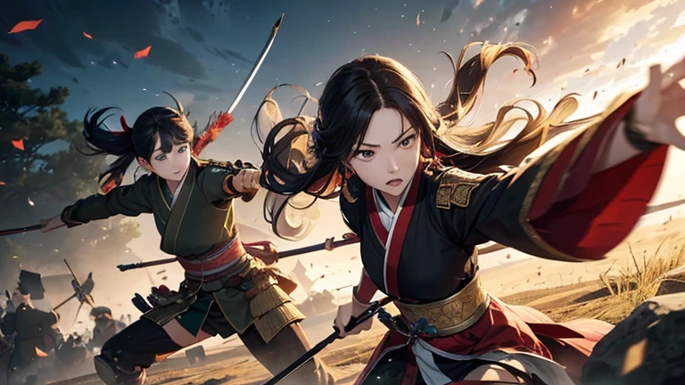 (8K), (Best Quality), (Mastepiece: 1.2) Heian period Draw the battlefield。
In the center of the screen、A lot of soldiers are fighting。
The soldiers、Swords and spears、Armed with bows and arrows, etc.。
On the left side of the screen, click、There is one woman。
women are、Wearing shabby clothes。
women are、Holding a stone in both hands。
women are、Throwing stones at enemies。
On the face of a woman、There is a look of anger and determination on the face。