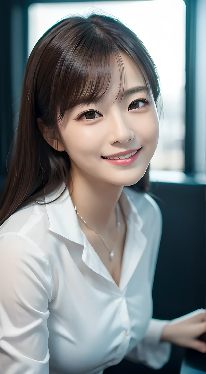(Masterpiece, BestQuality:1.3), (ultra detailed 8k:1.2), (hyper realistic:1.35),(RAW photo:1.2),High detail RAW color photo, professional photograph, (Photorealistic:1.45), (realistic:1.4), 
BREAK 
1 beautiful girl, japanese Business woman,(Dynamic Pose: 1.2),(bewitching smile:1.3), (super beautiful woman:1.3), beautiful skin, detailed eyes, detailed face, white shirt with collars, waist up, dramatic lighting, from below,18 yo,office lady, PC desk