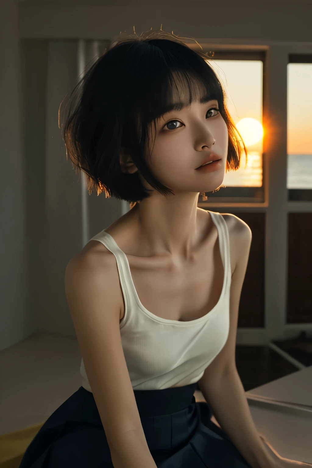 ((best quality，masterpiece:1.3))，sharp:1.2，Perfect body beauty:1.4，((Layered Hairstyle))、(Black long skirt:1.1)，(darkroom:1.2)，Highly detailed face and skin texture，Delicateeyes，(clavicle:1.3)，Double eyelids，((short hair))，childish，Beach at sunset，Break，close up，Shoot upward at 45 degrees，