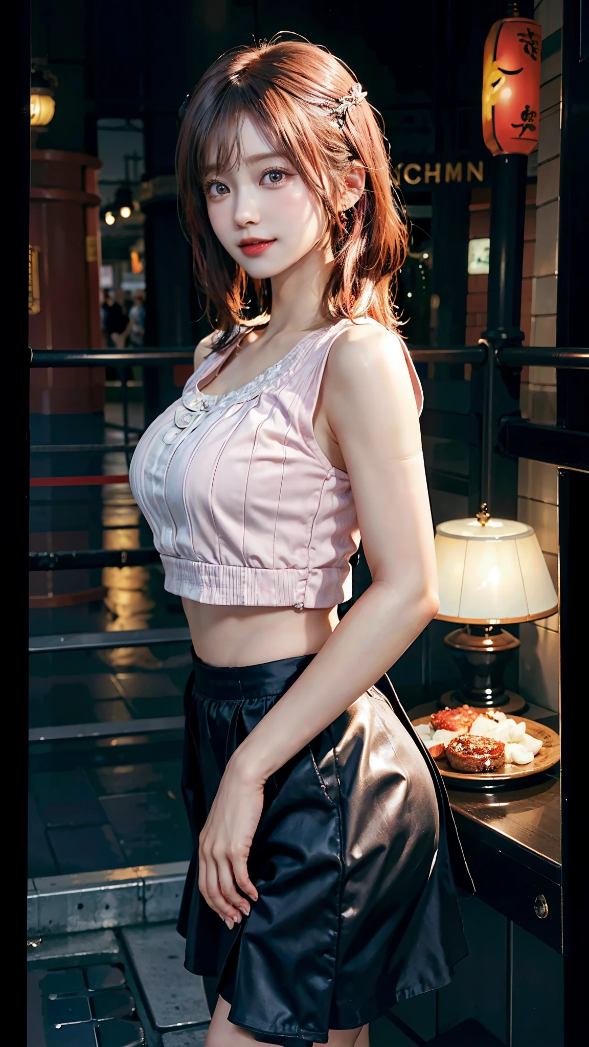 Highest quality, masterpiece, One girl,Photoreal Stik, Beautiful Nora_Valkyrie, View your viewers, smile, short hair, blue eyes,Heart Cutout, Sexy skimpy jacket, Pink short skirt, Pink Belt, Short sleeve, Puffy sleeves,, Black Hair, Dynamic pose, night, indoor、At the bar counter、Sit on a chair、 (Articulated lighting), Intricate details, Tone Mapping,(((Panchi et al.)))、 Sharp focus, Super detailed, Trending on Art Station, Big and slender body