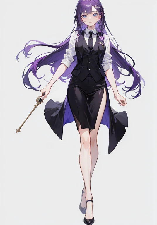 ((Perfect Face)),Purple Hair,voluminous long hair,1 female,bartender,suit,Black vest,Shirt with rolled up sleeves,tie,slit,High heels,,((Simple Background)),smile,((whole body)),((whole body)),Portraiture,virtual,upright,,Both arms are down,Standing upright with face and body facing forward,