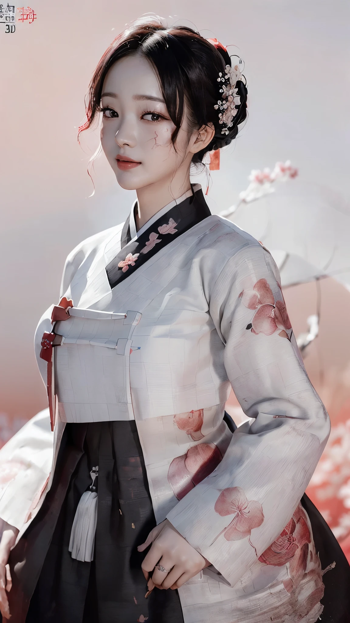 (best quality, 8K, masterpiece: 1.3), ((((((Incredibly huge breasts: 0.8))))), hairpin, (beautiful face:1.3), plum blossom ink painting background,authentic hanbok, Red skirt, ((The background is a 2d drawing, black and white: 1.3)), ((People are 3D live action, colorful: 1.3)), (Faded photo feel: 1.4), old painting, smile